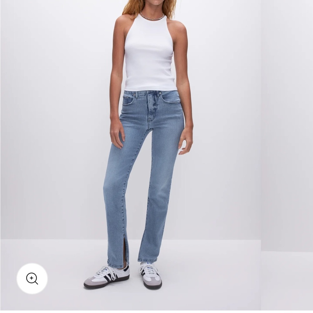 Good American Light Blue Straight Leg Jeans with Front Hem Slit